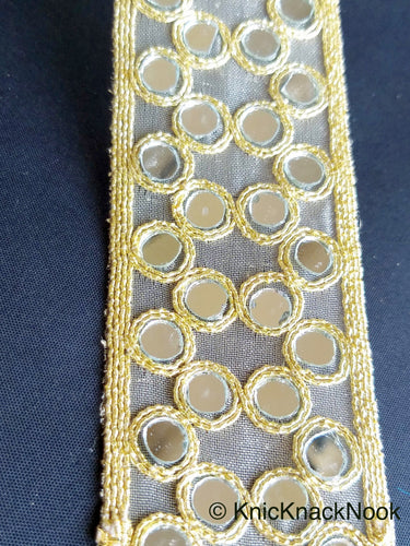 Gold Sheer Fabric Lace Trim With Gold Embroidery And Mirror Embellishments, Wedding Trims, Indian - 210119L16